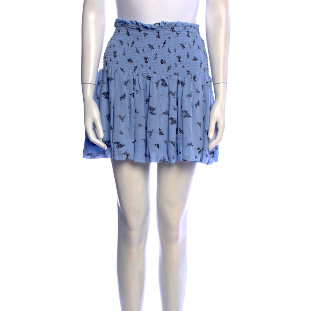 Ganni Blue and Black Floral Print Smocked Mini Skirt in Size Small